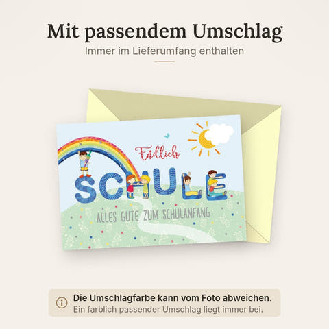 Glückwunschkarte zur Einschulung mit buntem Regenbogen und fröhlichen Kindern Alles Gute zum Schulanfang liebevoll gestaltet