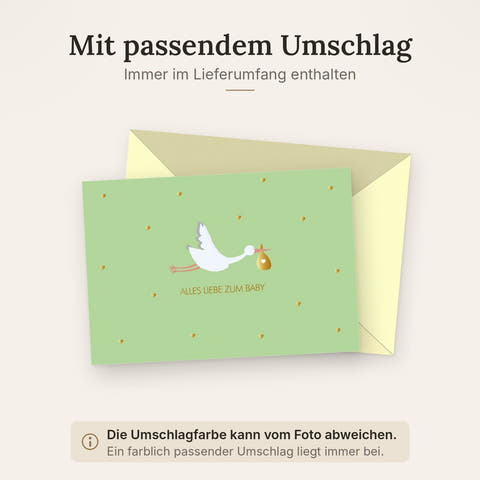 Glückwunschkarte zur Geburt mit Storch und Herzchen auf grünem Hintergrund alles Liebe zum Baby hochwertige Doppelkarte