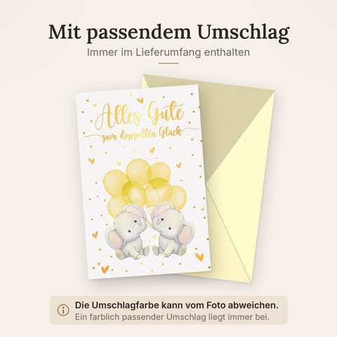 Glückwunschkarte zur Geburt von Zwillingen - Elefanten & Ballons in Gelb, Perfekt für Eltern & Großeltern, Herzliche Gratulation für Neugeborene Twins