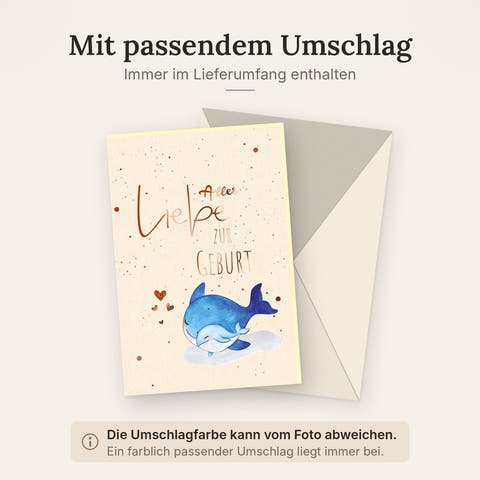 Glückwunschkarte zur Geburt - Wale & Herzchen Design, Zuckerrohrpapier, Roségoldfolie, Pastell Blau & Rosa für Eltern und Freunde