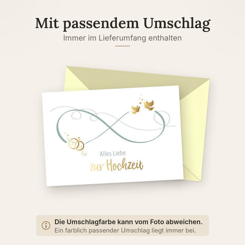 Glückwunschkarte zur Hochzeit mit goldenen Ringen und Tauben edles Design Doppelkarte für Hochzeitsglückwünsche stilvolle Hochzeitskarte