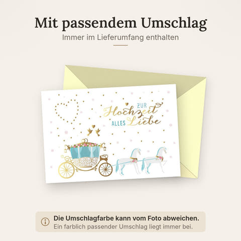 Glückwunschkarte zur Hochzeit mit Kutsche und Pferden romantische Hochzeitskarte mit Goldprägung und Herzmotiv für frisch Vermählte