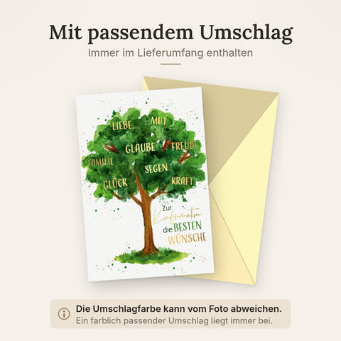 Glückwunschkarte zur Konfirmation Baum des Lebens mit Wünschen wie Liebe Glaube Segen Familie Kraft und Glück moderne Doppelkarte