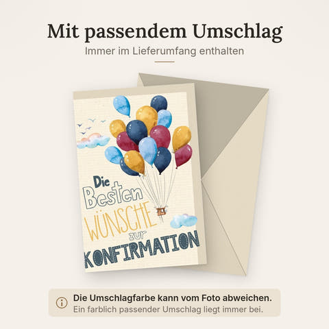 Glückwunschkarte zur Konfirmation mit bunten Luftballons und Wolken im Aquarellstil für persönliche Grüße und Wünsche