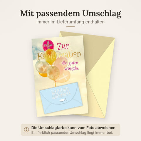 Glückwunschkarte zur Konfirmation mit christlichen Symbolen und bunten Luftballons liebevolle Karte mit Umschlag für herzliche Wünsche