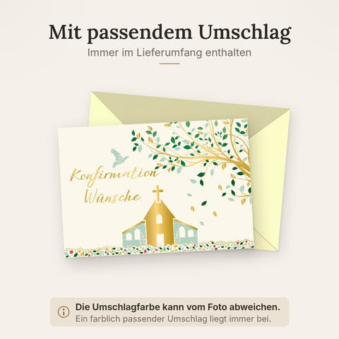 Glückwunschkarte zur Konfirmation mit goldener Kirche und Baum edles Design Konfirmationskarte Doppelkarte religiöse Glückwünsche