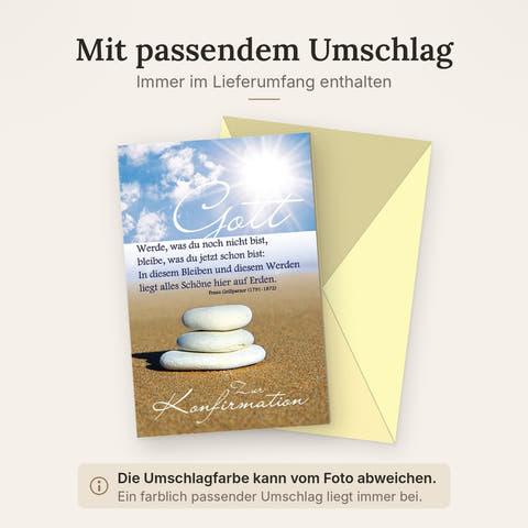 Glückwunschkarte zur Konfirmation mit inspirierendem Franz Grillparzer Zitat und Steinen am Strand modernes Design spirituelle Doppelkarte