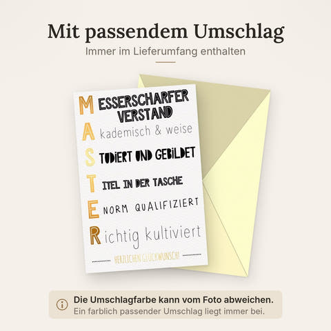 Glückwunschkarte zur Masterprüfung - Elegante Gratulationskarte mit Goldfolie auf Naturkarton, Perfekt für Absolventen, Gelb