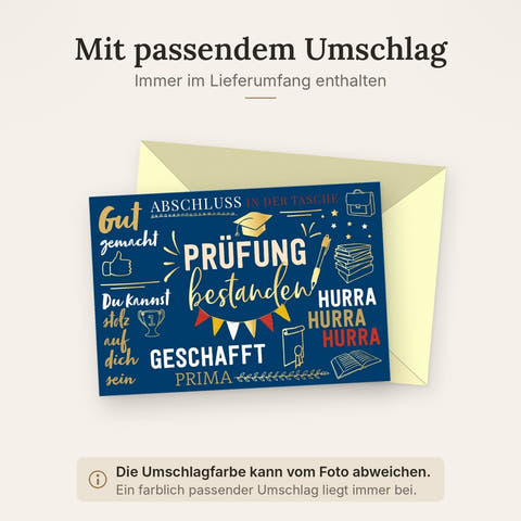 Glückwunschkarte zur Prüfung bestanden mit Sprüchen und Motiv Abschluss Hut Pokal Bücher moderne Doppelkarte für erfolgreiche Prüfungen