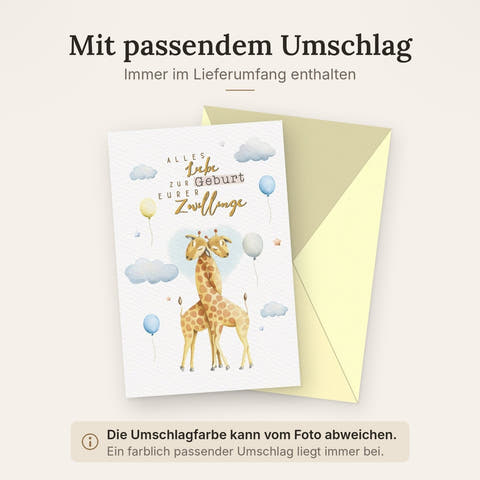 Glückwunschkarte zur Zwillingsgeburt - Giraffenmotiv in Hellblau/Beige für Neugeborene und Eltern