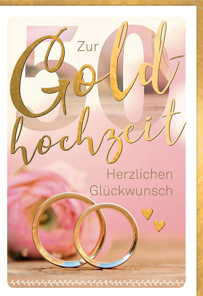 Goldene Hochzeit Glückwunschkarte – Goldene Ringe mit rosa Blume und Herz-Details