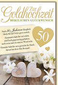 Goldene Hochzeitskarte – Holzherzen mit weißen Blüten und goldenen Akzenten