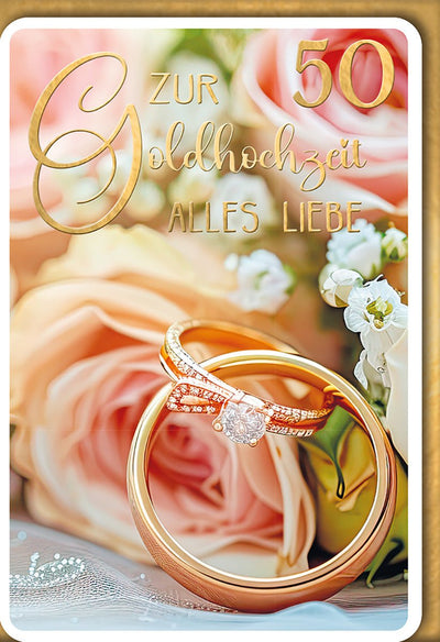 Goldene Hochzeitskarte – Ringe mit Rosen und zartem Blumenhintergrund in Goldoptik