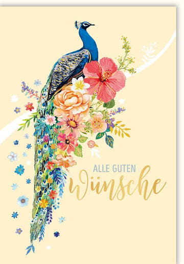 Grußkarte - Farbenfroher Pfau mit Blumen, Dekorativ für jeden Anlass, Hochwertige Papeterie