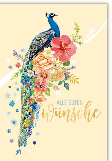 Grußkarte - Farbenfroher Pfau mit Blumen, Dekorativ für jeden Anlass, Hochwertige Papeterie