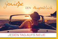 Grußkarte Lebensfreude – Carpe Diem mit Sonnenuntergang, Strand & Auto Motiv für positive Vibes und Urlaubsfeeling