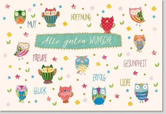 Grußkarte mit Eulenmotiv – Farbenfrohe Karte für Glückwünsche voller Liebe und Freude an Familie und Freunde