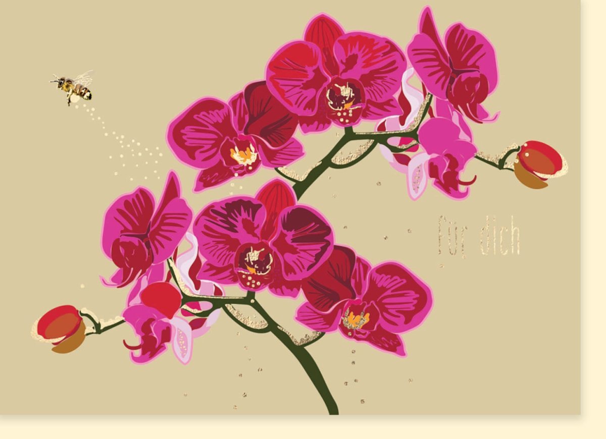 Grußkarte mit Orchideenmotiv - Elegante Blumenillustration mit Schmetterling & Biene, Perfekt für jeden Anlass