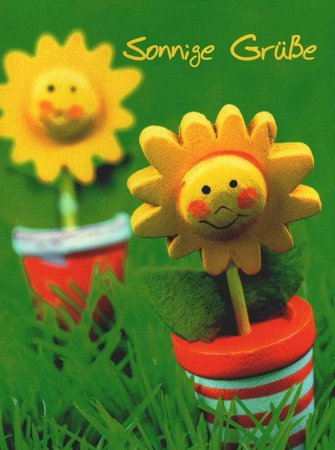 Grußkarte Sonnige Grüße mit fröhlicher Sonnenblume und buntem Blumentopf Postkarte für liebevolle Botschaften