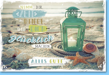 Grußkarte Strandmotiv – Meer, Laterne & Muscheln für entspannende Wohlfühlgrüße