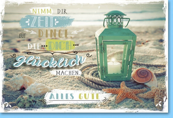 Grußkarte Strandmotiv – Meer, Laterne & Muscheln für entspannende Wohlfühlgrüße