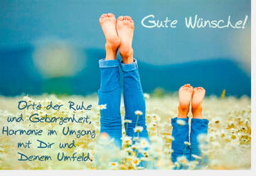 Grußkarte zur Entspannung "Blumenfeld" - Jeans & Füße, Naturglück, Freude & Frieden, Erholungsurlaub Wohlbefinden
