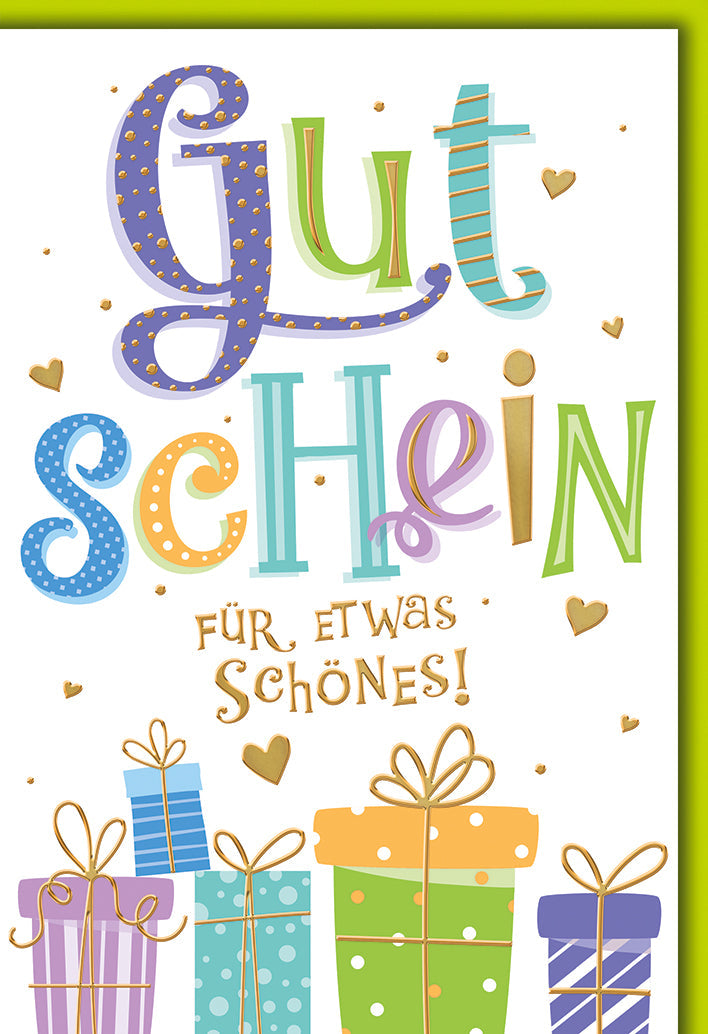 Gutscheinkarte Bunt – Verspielte Schrift mit Geschenken und Herzen in Pastellfarben