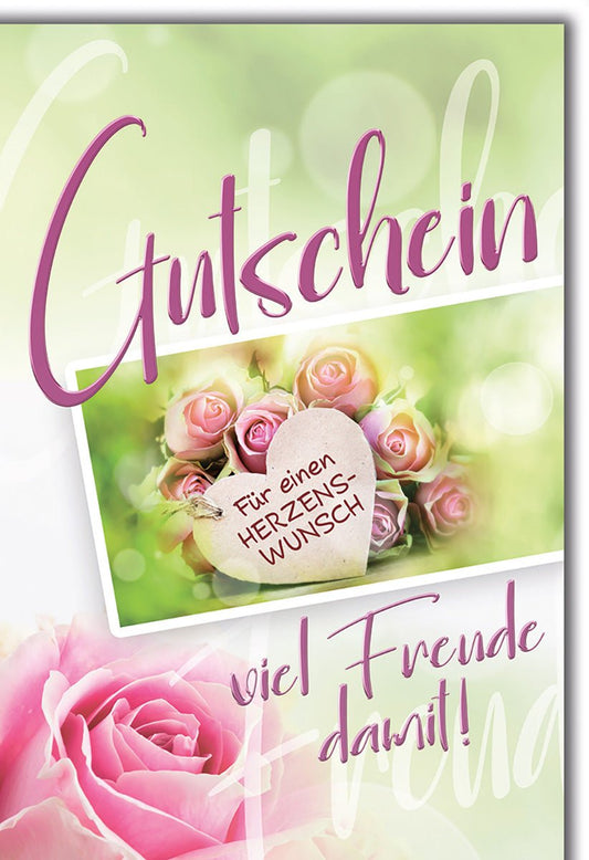 Gutscheinkarte Blumen – Rosa Rosen mit Herz und Schriftzug "Herzenswunsch"