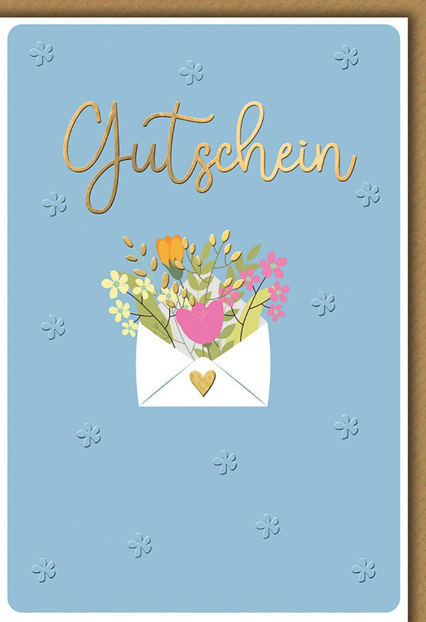 Gutscheinkarte Blumenstrauß – Bunte Blumen im Umschlag auf blauem Hintergrund