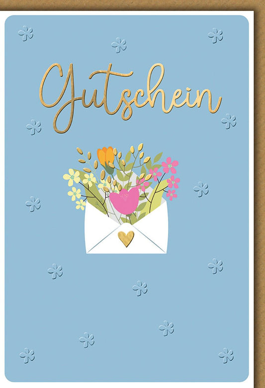 Gutscheinkarte Blumenstrauß – Bunte Blumen im Umschlag auf blauem Hintergrund