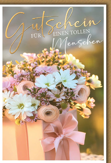 Gutscheinkarte Blumenstrauß – Pastellblumen mit rosa Geschenkbox und Schleife