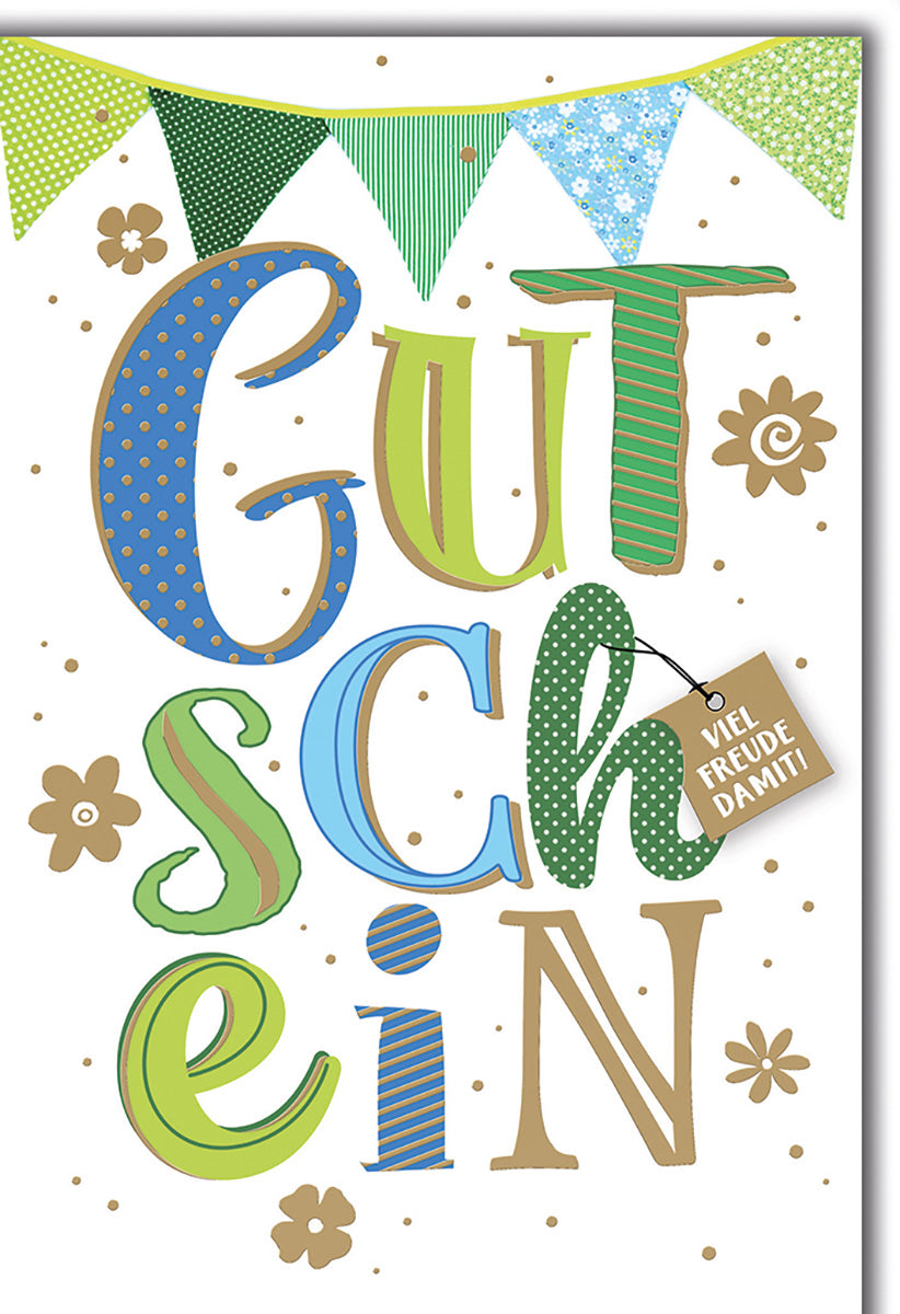 Gutscheinkarte Fröhlich – Bunte Buchstaben mit Blumen und Wimpel in frischem Design