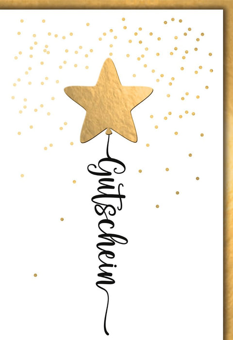 Gutscheinkarte Elegant – Goldener Stern mit Konfetti und stilvollem Schriftzug