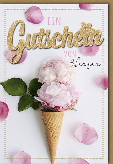 Gutscheinkarte – Elegante Blumeneis - Grußkarte mit Pfingstrosen, Glitzerakzenten in Gold und Rosa, ideales Geschenk für Frauen und Mädchen