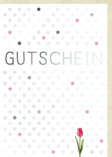 Gutscheinkarte - Elegante Glitzerkarte mit Tulpenmuster in Weiß, Rosa & Grau für Festliche Anlässe