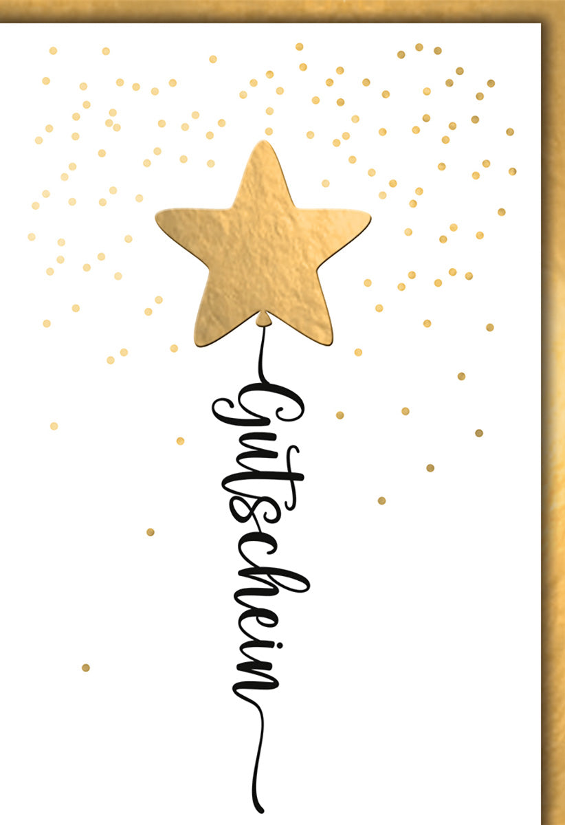 Gutscheinkarte Elegant – Goldener Stern mit Konfetti und stilvollem Schriftzug