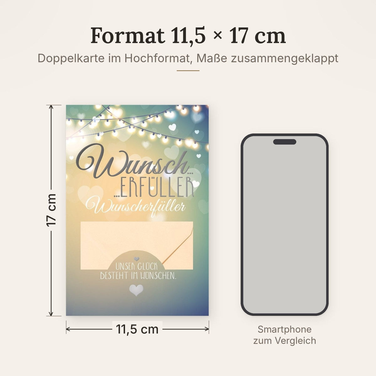 Gutscheinkarte für besondere Anlässe – Wunscherfüller mit Herzlichen Glückwünschen, personalisierbares Geldkuvert in Pastell, Beige