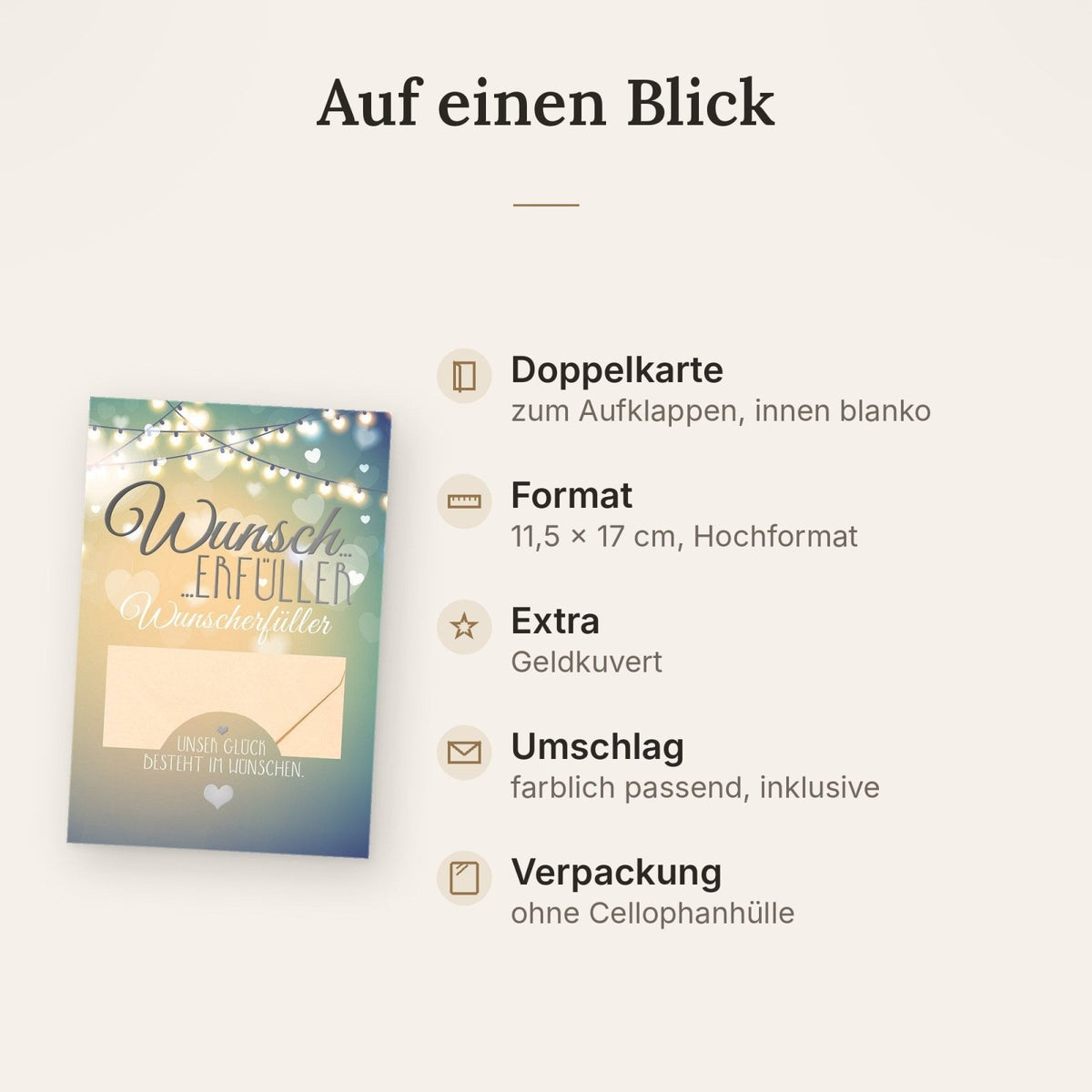 Gutscheinkarte für besondere Anlässe – Wunscherfüller mit Herzlichen Glückwünschen, personalisierbares Geldkuvert in Pastell, Beige