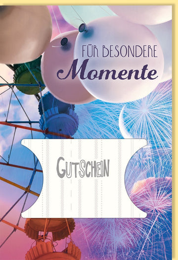 Gutscheinkarte für Besondere Momente: Erlebniswertgutschein mit Ballons & Feuerwerk, Bunte Gratulationskarte in Blau & Rosa