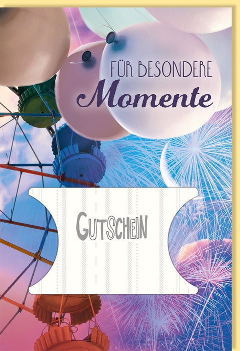 Gutscheinkarte für Besondere Momente: Erlebniswertgutschein mit Ballons & Feuerwerk, Bunte Gratulationskarte in Blau & Rosa