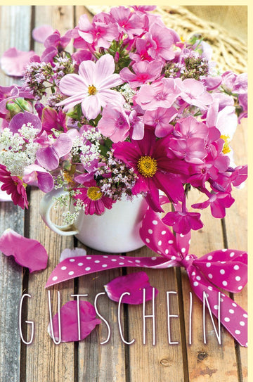 Gutscheinkarte für Blumenstrauß - Rosa & Lila Blüten, Vintage Holzdesign, Elegante Geschenkkarte für Frauen, Florales Dankeschön im Frühling & Sommer