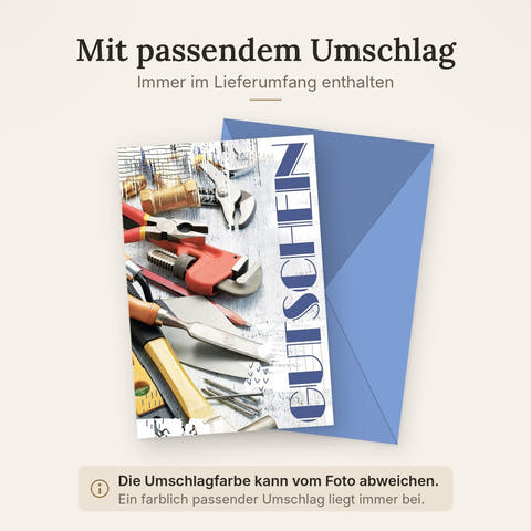 Gutscheinkarte Handwerker – Bunte Werkzeuge auf Holz mit modernem Design