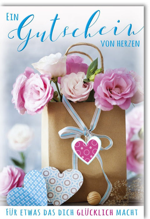 Gutscheinkarte Herzen – Liebevolle Geschenkidee mit Blumen & Geschenktüte für Glückwünsche