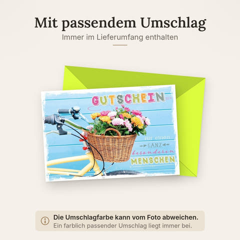 Gutscheinkarte mit Fahrrad & Blumenkorb – Farbenfrohe Geschenkkarte für besondere Anlässe und Freude schenken