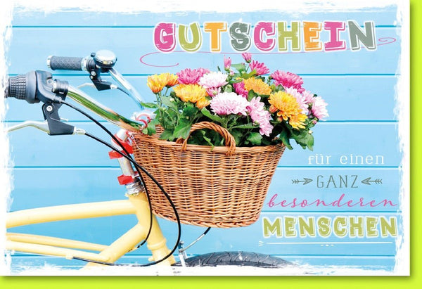 Gutscheinkarte mit Fahrrad & Blumenkorb – Farbenfrohe Geschenkkarte fü