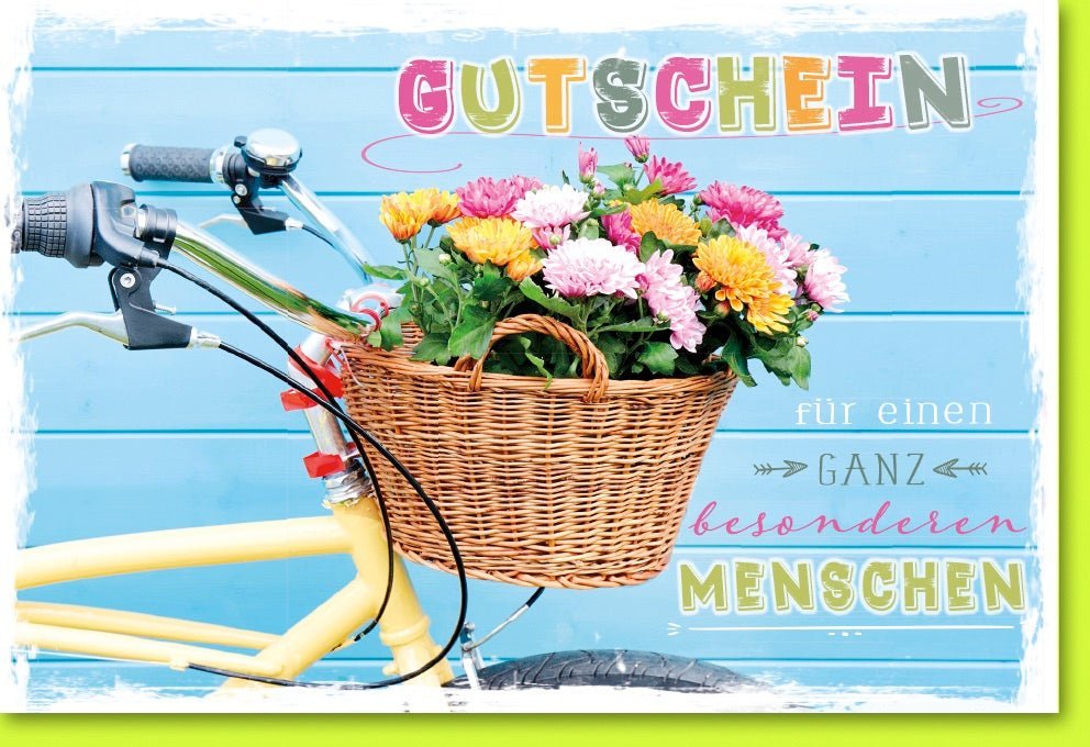 Gutscheinkarte mit Fahrrad & Blumenkorb – Farbenfrohe Geschenkkarte fü