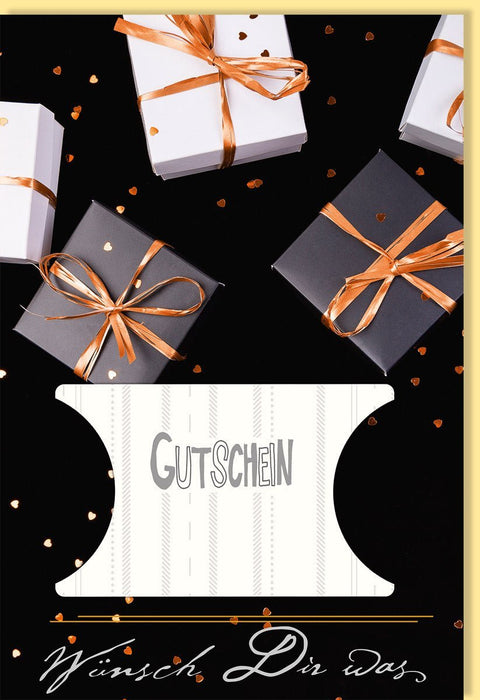 Gutscheinkarte - Stilvolle Präsentkarte mit Goldschleife, Schwarz - Weiß Design für jeden Anlass, Elegante Geschenkkarte mit Dekoration