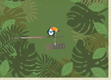 Gutscheinkarte Tukan im Dschungel: Überraschungs - Voucher für Shopping & Erlebnisse, Festliche Anlasskarte mit grünem Blätterdesign