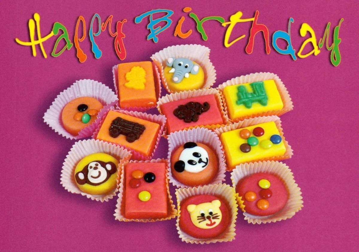 Happy Birthday Postkarte - 12 Mini - Kuchen Motiv für Geburtstagsgrüße