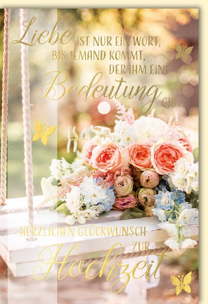 Hochzeitsglückwunschkarte im Vintage - Stil mit floralen Akzenten & Schmetterlingen – Romantische Karte zur Feier der Liebe